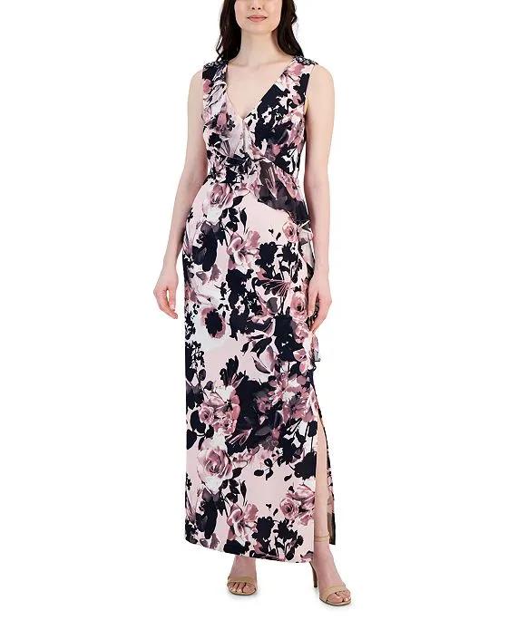 Women's Floral Ruffled-Front Embellished-Shoulder Maxi Dress