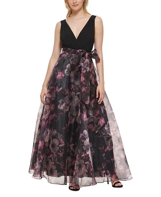 Women's Floral-Skirt Bow-Embellished Ballgown