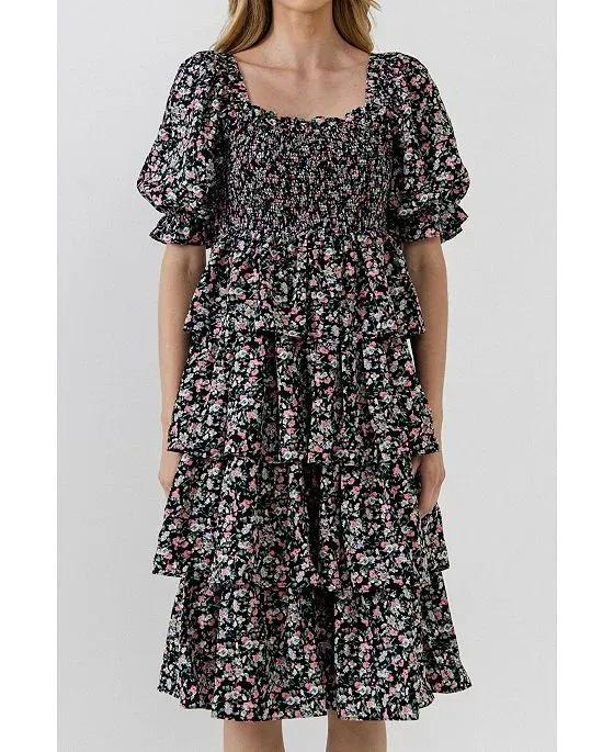 Women's Floral Smocked Midi Tiered Dress