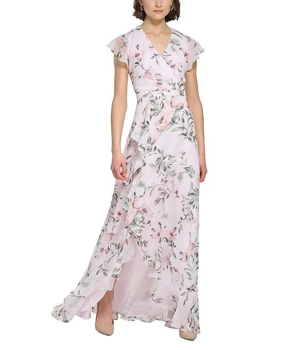 Women's Flutter-Sleeve Floral-Print Maxi Dress