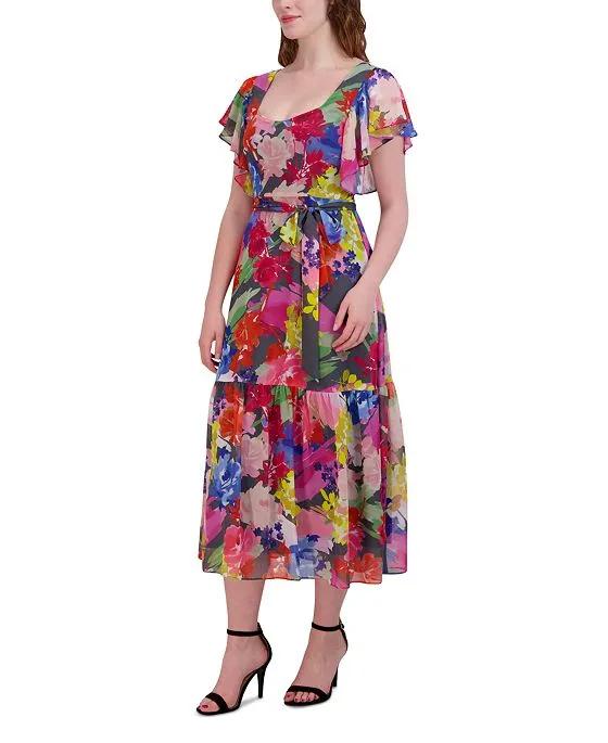 Women's Flutter-Sleeve Printed Midi Dress