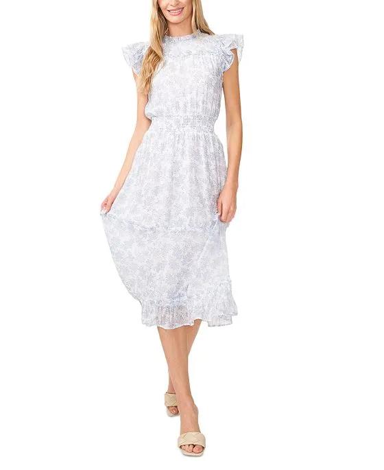 Women's Flutter-Sleeve Smocked-Waist Midi Dress