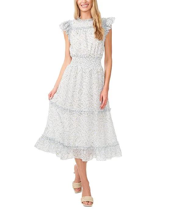 Women's Flutter-Sleeve Smocked-Waist Midi Dress