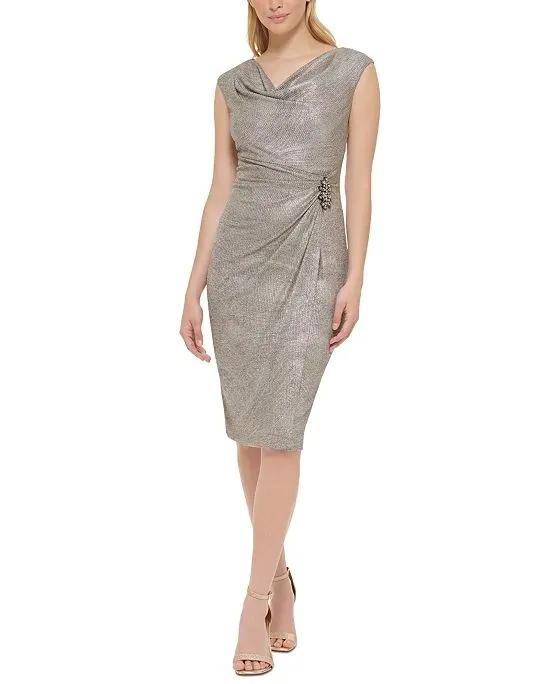 Women's Foil-Knit Cowlneck Side-Beaded Dress