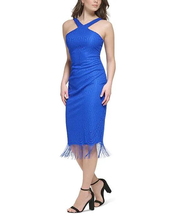 Women's Fringe-Lace Sleeveless Midi Sheath Dress
