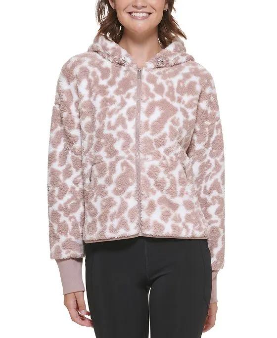 Women's Fuzzy Animal-Print Hooded Zipper Jacket