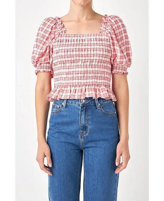 Women's Gingham Contrast Bow Top