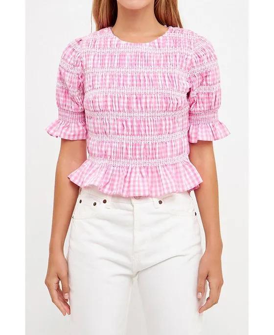 Women's Gingham Smocked Puff Sleeve Top