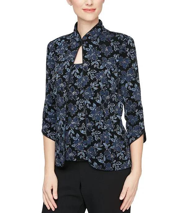 Women's Glitter Knit Mandarin-Collar Jacket & Tank Top Twinset