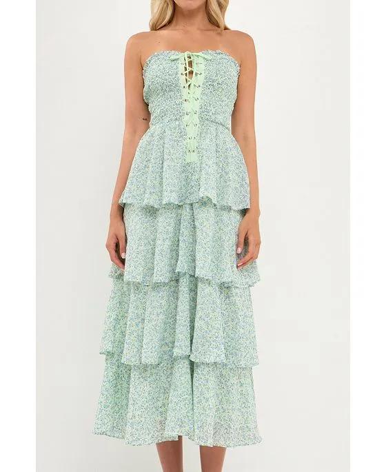 Women's Gridded Texture Floral Smocked Tiered Maxi Dress