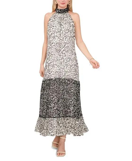 Women's Halter Neck Contrast Print Maxi Dress