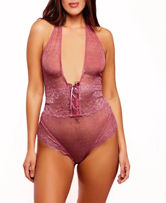 Women's Halter One Piece Plus Size Floral Dotted Mesh Teddy Lingerie with Velvet Lace Up