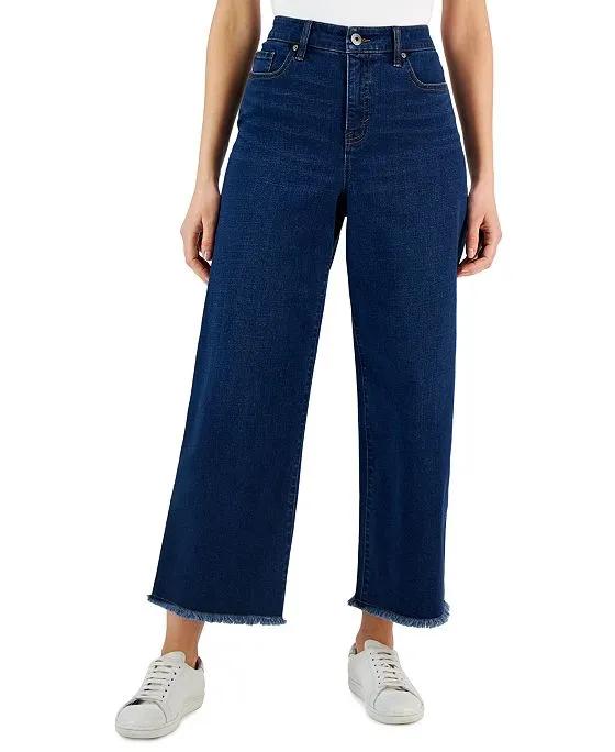 Women's High-Rise Wide-Leg Raw-Hem Ankle Jeans, Created for Macy's