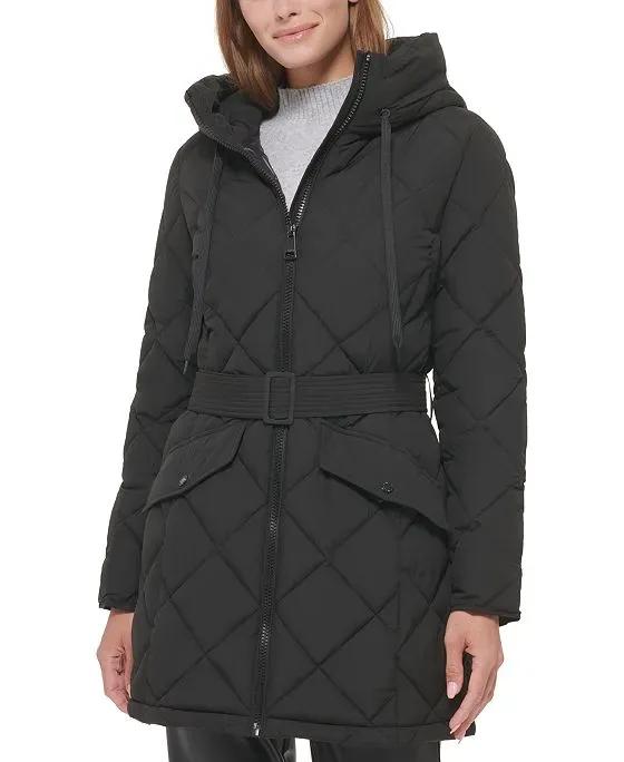 Women's Hooded Belted Diamond Quilted Coat