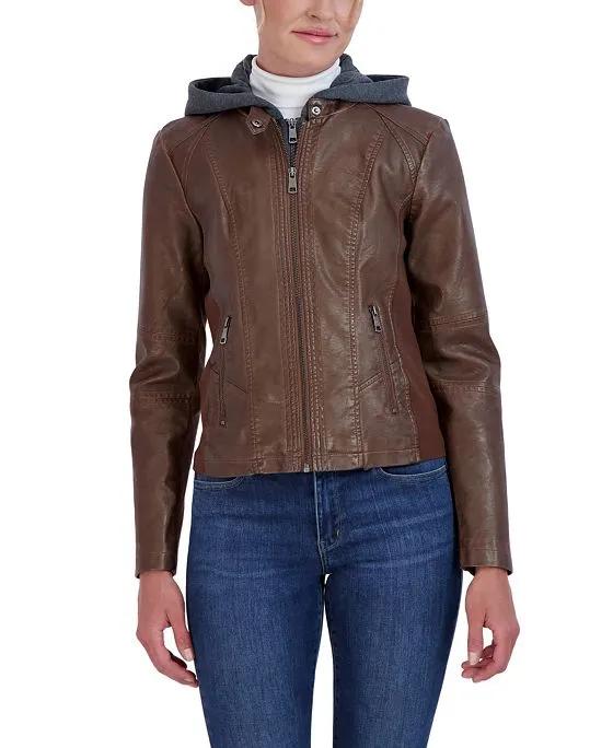 Women's Hooded Faux Leather Biker Jacket