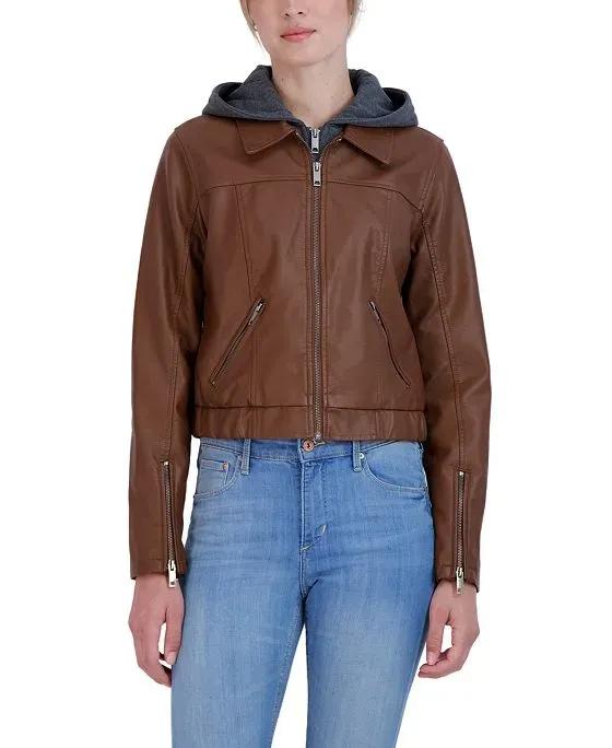 Women's Hooded Faux Leather Bomber