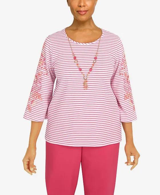 Women's Hot Stripe Embroidered Sleeve Top with Necklace