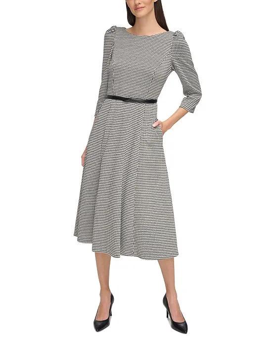 Women's Houndstooth Belted A-Line Dress