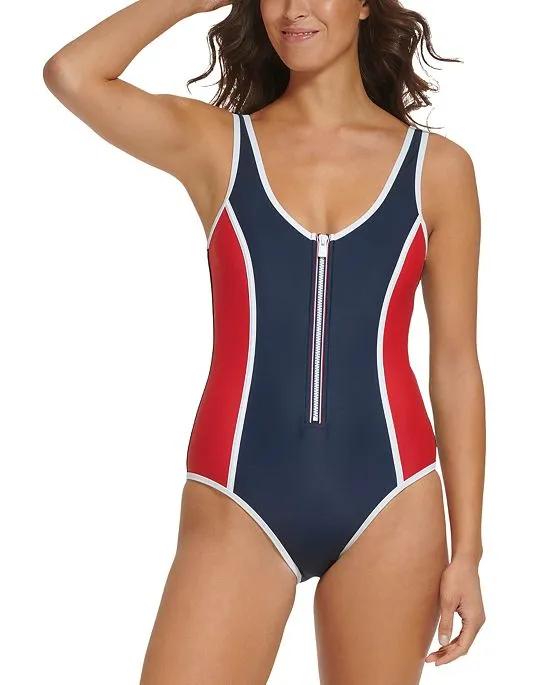 Women's Iconic Colorblocked Zip-Front One-Piece Swimsuit