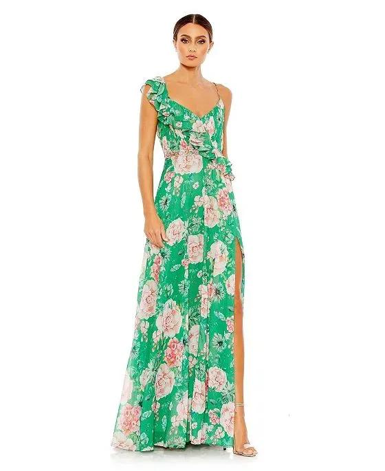 Women's Ieena Floral Print Ruffled Wrap Over A Line Gown