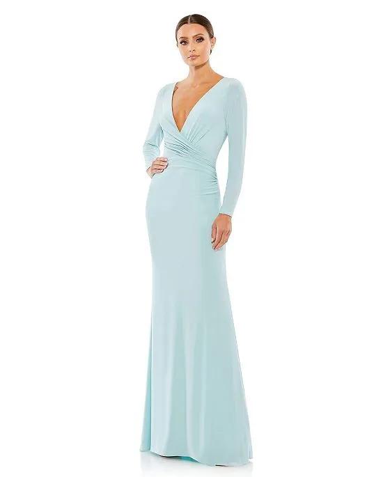 Women's Ieena For Long Sleeve Ruched Jersey V-Neck Gown