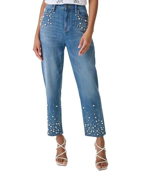 Women's Imitation Pearl Denim Jeans