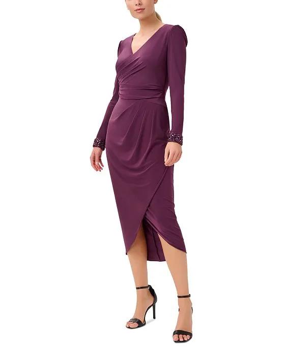 Women's Jersey Long-Sleeve Wrap Midi Dress