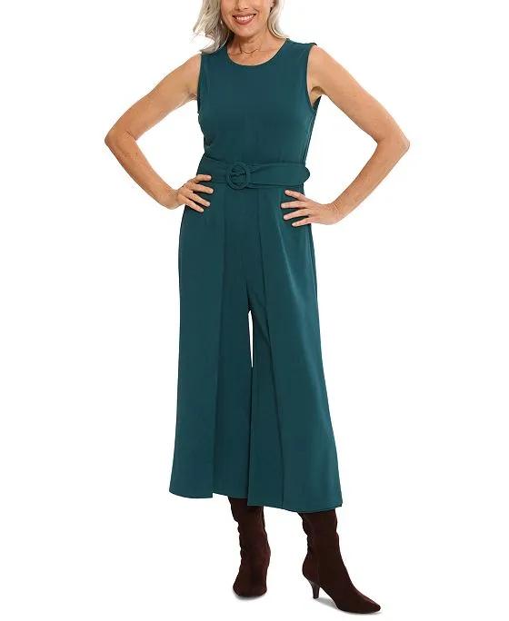 Women's Jewel Neck Belted Cropped Jumpsuit