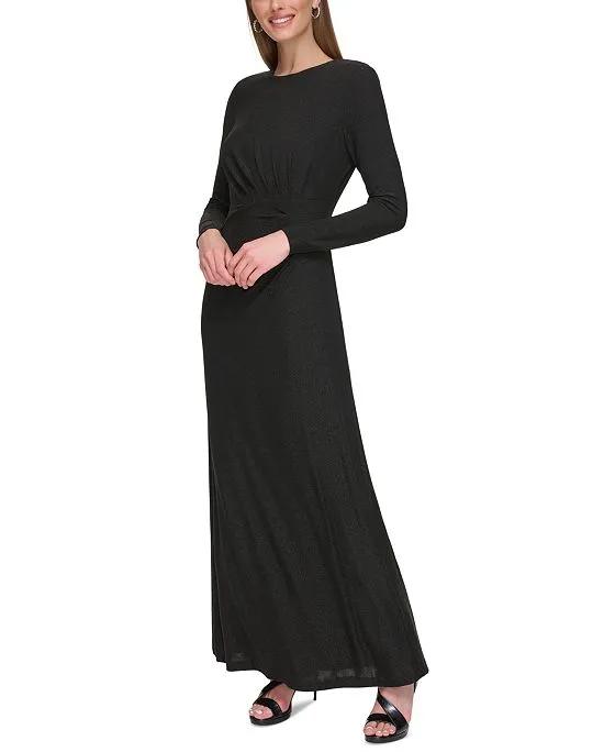 Women's Jewel-Neck Long-Sleeve Metallic Gown