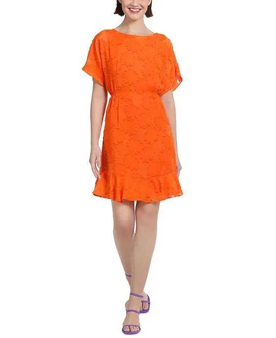 Women's Jewel-Neck Ruffle-Sleeve Burnout Dress 