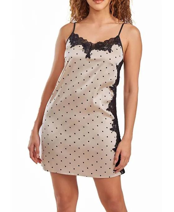 Women's Kareen Dotted Satin Chemise, Adorned in Front and Side Lace