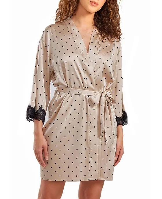 Women's Kareen Dotted Satin Robe with Lace Trimmed Sleeves and Self Tie Sash