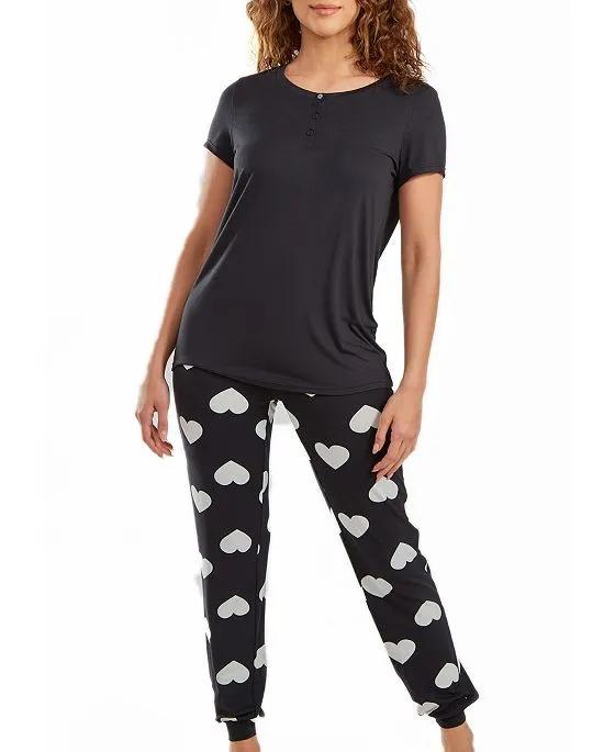 Women's Kind Heart Modal T-shirt and Jogging Pant Pajama in Comfy Cozy Style, 2 Piece