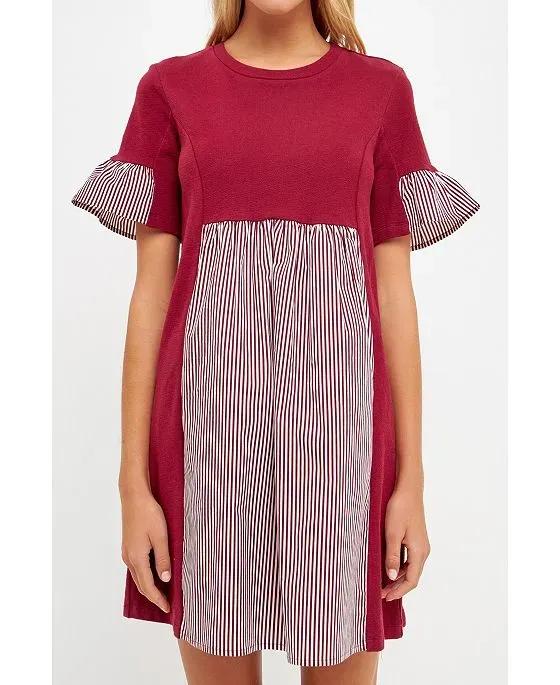 Women's Knit Stripe Woven Mixed Dress