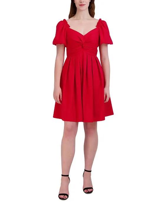 Women's Knot-Front Short-Sleeve Pleated Dress