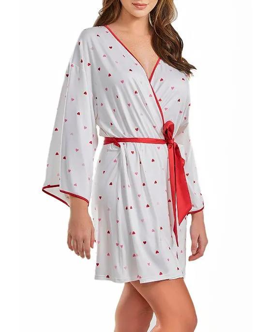 Women's Kyley Heart Print Robe with Contrast Self Tie Sash and Red Trim