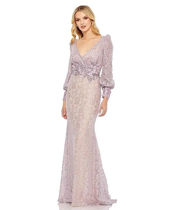Women's Lace Long Sleeve V Neck Embellished Gown