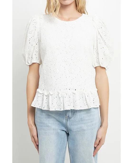 Women's Lace Puff Sleeve Top With Shoulder Ruffle Details