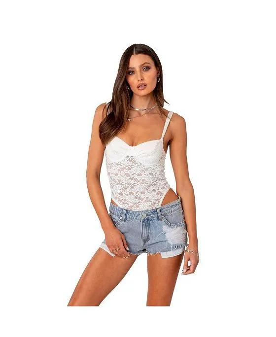 Women's Lace & Satin Bodysuit With Cups