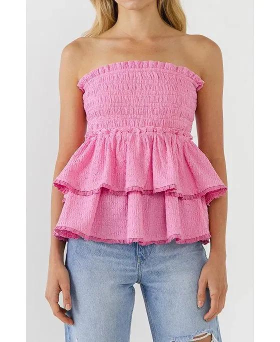 Women's Lace Smocked Knit Ruffled Tube Top