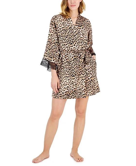 Women's Lace-Trim Cheetah-Print Satin Wrap Robe, Created for Macy's