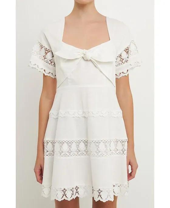 Women's Lace Trim Mini Dress with Front Bow