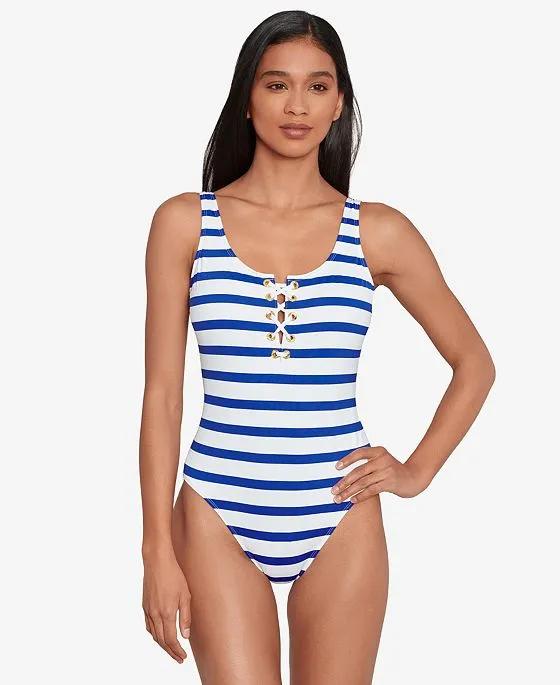 Women's Lace-Up Striped One-Piece Swimsuit