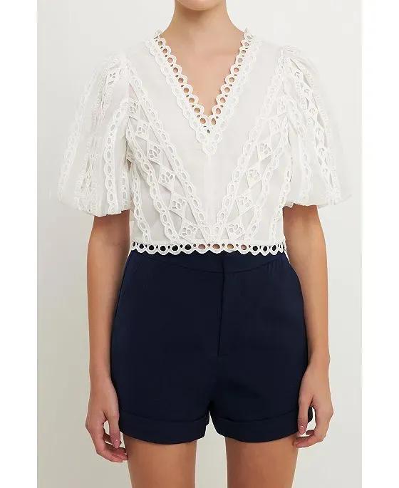 Women's Laced V-Neck Puff Sleeve Top