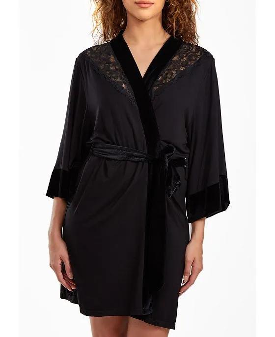 Women's Layna Velore and Velvet-Textured Lace Trimmed Self Tie Robe