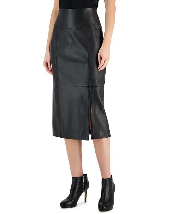 Women's Leather Slit Seamed Logo Pencil Skirt