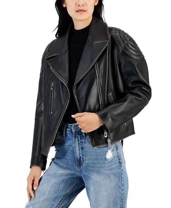 Women's Leather Zip-Sleeve Oversized Biker Jacket
