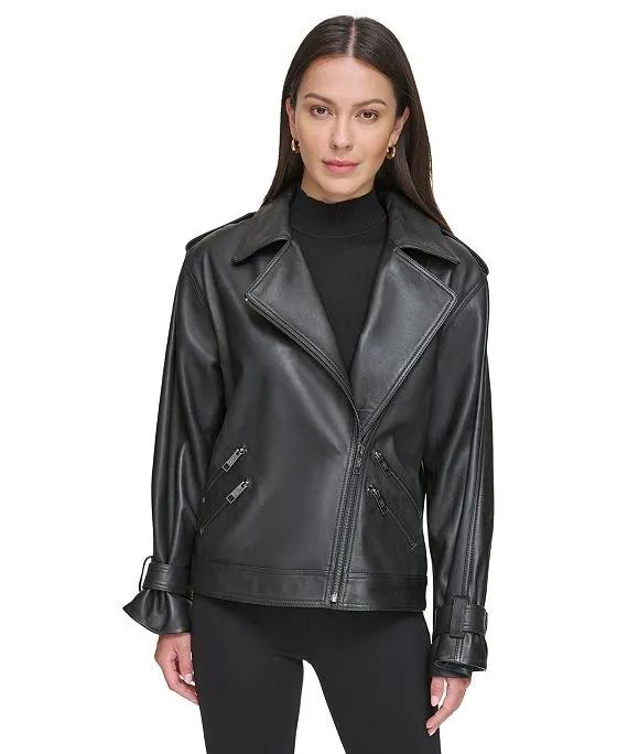 Women's Leather Zippered-Pocket Moto Jacket
