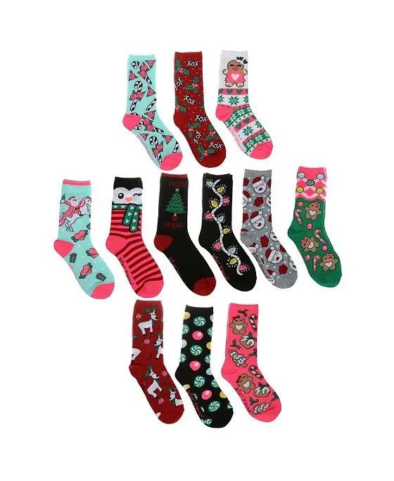 Women's Legwear Christmas Crew Socks Gift Box Set, Pack of 12