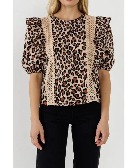 Women's Leopard Lace Inserted Top